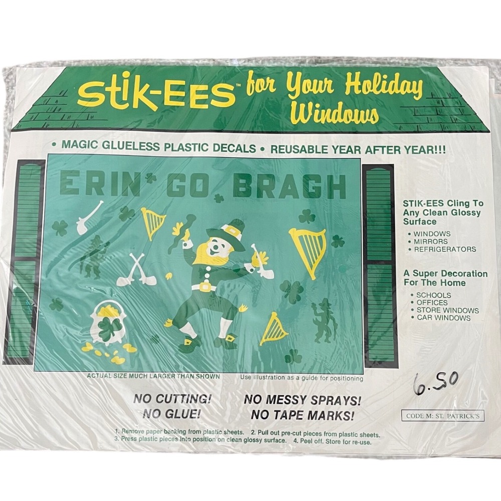 Vtg Stik-ees Window Clings 90s Teacher School clover leprechaun st Patrick's day